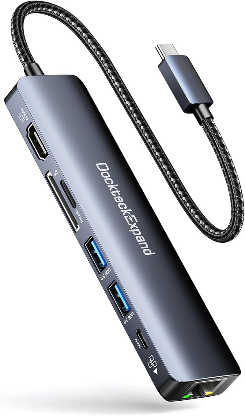 DockteckExpand USB C Hub Ethernet, 7-in-1 Multiport Adapter Type C to 4K@60Hz HDMI, Gigabit Ethernet, 100W PD Charging, 2 USB 3.0, SD/TF Card Readers, for MacBook Pro/Air, iPad Pro/Air, XPS and More - Image 1